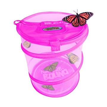 Nature Bound Butterfly Growing Habitat Kit - with Voucher to Redeem Live Caterpillars for Home or School Use - Pink Pop-Up Cage 12-Inches Tall