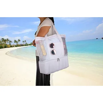 Large Mesh Beach Tote Bag with Zipper and Insulated Picnic Cooler Leak-proof for Beach Pool Outdoor Trave Gym