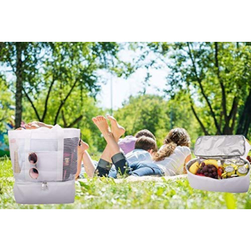 Large Mesh Beach Tote Bag with Zipper and Insulated Picnic Cooler Leak-proof for Beach Pool Outdoor Trave Gym