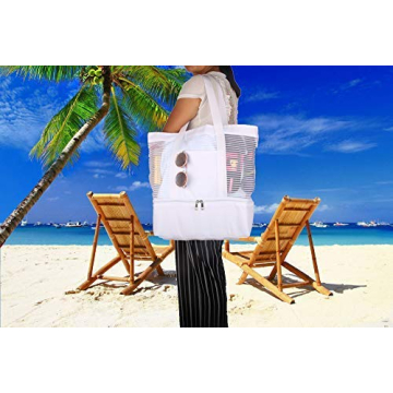 Large Mesh Beach Tote Bag with Zipper and Insulated Picnic Cooler Leak-proof for Beach Pool Outdoor Trave Gym