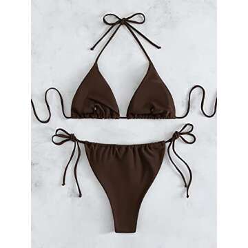 SOLY HUX Women's Metallic Halter Top Two Piece Swimsuit Tie Side Triangle Bikini Coffee Brown Solid M