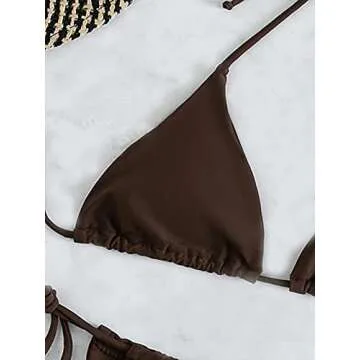 SOLY HUX Women's Metallic Halter Top Two Piece Swimsuit Tie Side Triangle Bikini Coffee Brown Solid M