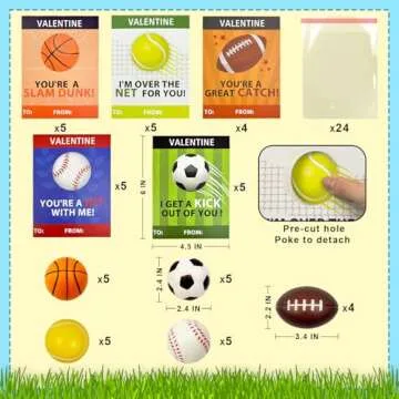 Sports Valentines Cards Gifts for Kids School Classroom - 24 Pack, Mini Foam Ball Toys with Exchange...