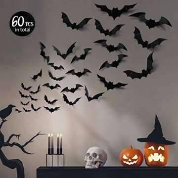 ZPOKA 60PCS Halloween Party Supplies PVC 3D Decoration Realistic Horror Bat Wall Decal Wall Sticker, DIY Halloween Decoration Home Interior Window Decoration Set (Balck)