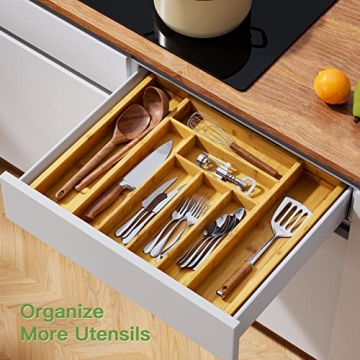 Pipishell Bamboo Expandable Drawer Organizer Adjustable Cutlery Tray