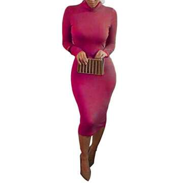 Pink Queen Womens Turtleneck Long Sleeve Bodycon Midi Sheath Dress