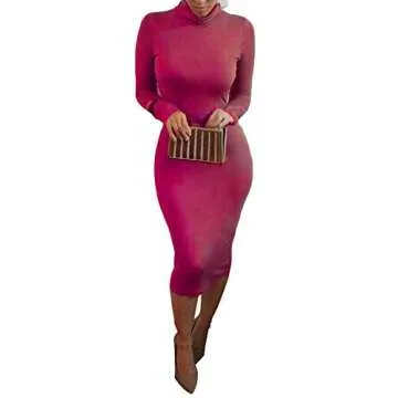 Pink Queen Womens Turtleneck Long Sleeve Bodycon Midi Sheath Dress