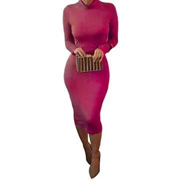 Pink Queen Womens Turtleneck Long Sleeve Bodycon Midi Sheath Dress