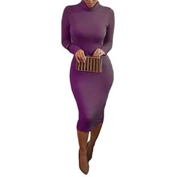 Pink Queen Womens Turtleneck Long Sleeve Bodycon Midi Sheath Dress