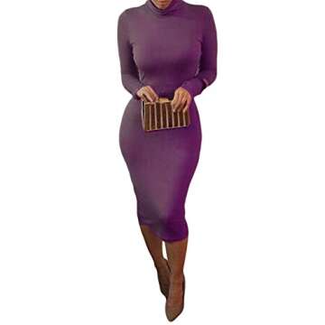 Pink Queen Womens Turtleneck Long Sleeve Bodycon Midi Sheath Dress