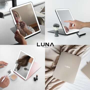 LUNA London Eclipse LED Lighted Travel Vanity Makeup Mirror | 3 Colour Light, Compact, Portable, Lig...