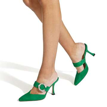 MIRAAZZURRA Women Heeled Mules Rhinestone Buckle Pointed Toe Mules Suede Stiletto Heel High Heels Slip On Bridal Sandals for Women US Size 10 Green