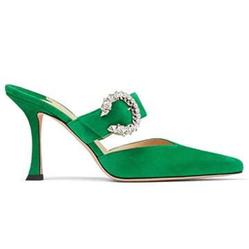 MIRAAZZURRA Women Heeled Mules Rhinestone Buckle Pointed Toe Mules Suede Stiletto Heel High Heels Slip On Bridal Sandals for Women US Size 10 Green