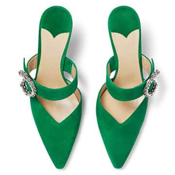 MIRAAZZURRA Women Heeled Mules Rhinestone Buckle Pointed Toe Mules Suede Stiletto Heel High Heels Slip On Bridal Sandals for Women US Size 10 Green