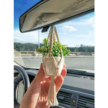 Mkono Mini Macrame Plant Car Accessories Rear View Mirrior Charm Cute Hanging Rearview Car Decor Boh...
