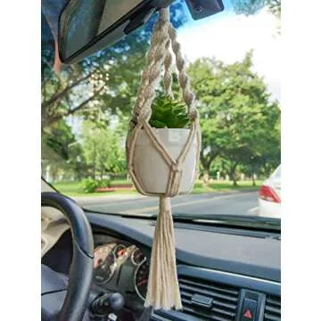 Mkono Mini Macrame Plant Car Accessories Rear View Mirrior Charm Cute Hanging Rearview Car Decor Boho Hanger with Artificial Succulent Plants Gifts for Plant Lover Set of 2, White