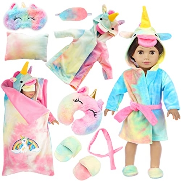 XFEYUE American 18 inch Doll Clothes and Doll Sleeping Bag Set - Rainbow Unicorn Doll Costume with U...