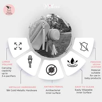 Motheric Vegan Leather Grey Pacifier Holder Pouch for Diaper Bag with Clips for Boys and Girls- Key Pod - Pacipurse Keeper Case - Keychain Pod for Diaper Bag - Pacifiar Teething Storage Container