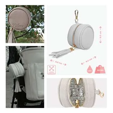 Motheric Vegan Leather Grey Pacifier Holder Pouch for Diaper Bag with Clips for Boys and Girls- Key Pod - Pacipurse Keeper Case - Keychain Pod for Diaper Bag - Pacifiar Teething Storage Container