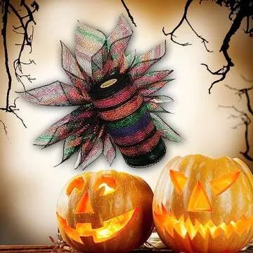 NBHH Halloween Mesh Ribbon Deco Metallic Fall Mesh Metallic Foil Black Purple Orange Green Mesh Rolls for DIY Halloween Project Wreaths Party Decorations Wrapping Craft, 4 Rolls