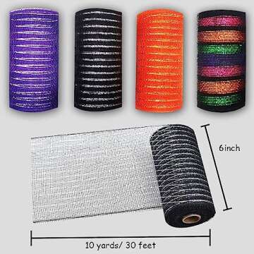 NBHH Halloween Mesh Ribbon Deco Metallic Fall Mesh Metallic Foil Black Purple Orange Green Mesh Rolls for DIY Halloween Project Wreaths Party Decorations Wrapping Craft, 4 Rolls