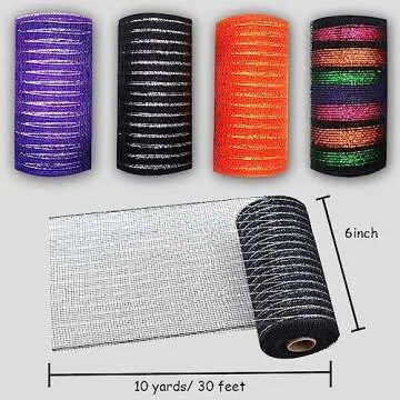 NBHH Halloween Mesh Ribbon Deco Metallic Fall Mesh Metallic Foil Black Purple Orange Green Mesh Rolls for DIY Halloween Project Wreaths Party Decorations Wrapping Craft, 4 Rolls