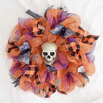 NBHH Halloween Mesh Ribbon Deco Metallic Fall Mesh Metallic Foil Black Purple Orange Green Mesh Rolls for DIY Halloween Project Wreaths Party Decorations Wrapping Craft, 4 Rolls