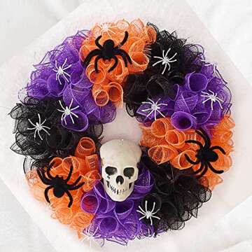 NBHH Halloween Mesh Ribbon Deco Metallic Fall Mesh Metallic Foil Black Purple Orange Green Mesh Rolls for DIY Halloween Project Wreaths Party Decorations Wrapping Craft, 4 Rolls