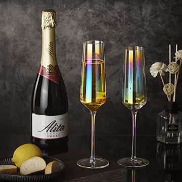SWAVOKA Champagne Flutes- Crystal Champagne Glasses Set of 8, 7.1 oz Champagne Flutes with Long Stem, Hand Blown - Gift for Wedding, Anniversary, Iridescent Sparklin