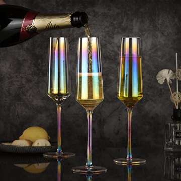 SWAVOKA Champagne Flutes- Crystal Champagne Glasses Set of 8, 7.1 oz Champagne Flutes with Long Stem, Hand Blown - Gift for Wedding, Anniversary, Iridescent Sparklin