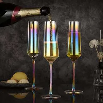 SWAVOKA Champagne Flutes- Crystal Champagne Glasses Set of 8, 7.1 oz Champagne Flutes with Long Stem, Hand Blown - Gift for Wedding, Anniversary, Iridescent Sparklin