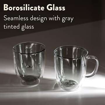 JOYFUL HOME Glass Coffee Mugs -12 oz. Double Wall, Insulated, Smoky Gray Borosilicate Glass Mug with Large Handle - Double Walled for Coffee and Tea - Set of 2 (12, 1, Count)