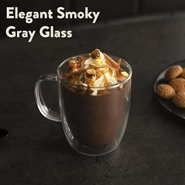 JOYFUL HOME Glass Coffee Mugs -12 oz. Double Wall, Insulated, Smoky Gray Borosilicate Glass Mug with Large Handle - Double Walled for Coffee and Tea - Set of 2 (12, 1, Count)