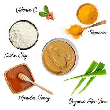 Bella Jade Turmeric Vitamin C Clay Face Mask & Brush for Acne, Hyperpigmentation, Dark Spots and Anti Aging - with Tumeric, Kaolin Clay, Organic Aloe Vera and Manuka Honey