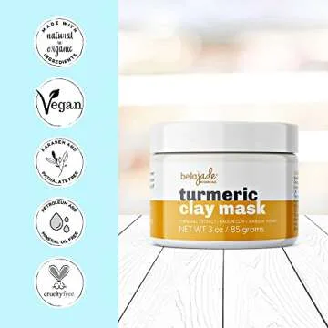 Bella Jade Turmeric Vitamin C Clay Face Mask & Brush for Acne, Hyperpigmentation, Dark Spots and Anti Aging - with Tumeric, Kaolin Clay, Organic Aloe Vera and Manuka Honey
