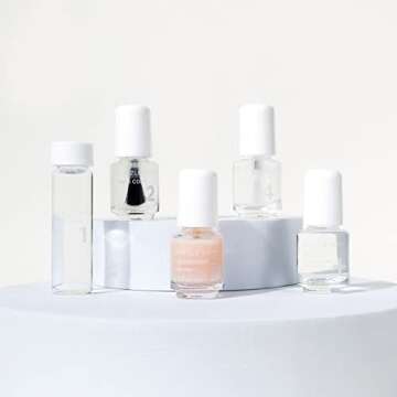 Dazzle Dry Complete Starter Mini Kit | Step 1 - Nail Prep, Step 2 - Base Coat, Step 4 - Top Coat, Transform - Ridge Filler & Revive - Polish & Top Coat Thinner.