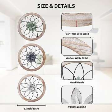 Paquesta 3 Piece Round Farmhouse Wall Decor with 6 Piece Interchangeable Flowers 12'' Medallion Wood...