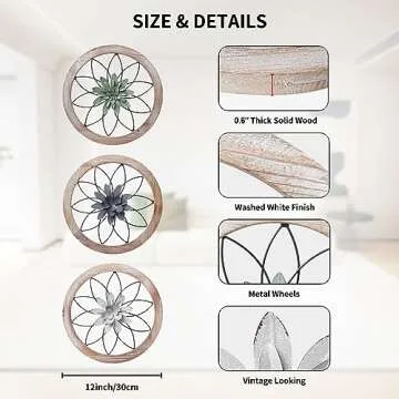Paquesta 3 Piece Round Farmhouse Wall Decor with 6 Piece Interchangeable Flowers 12'' Medallion Wood...