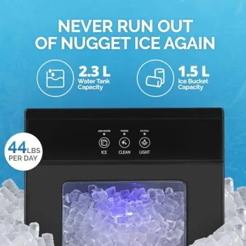 Nugget Ice Maker - 44lbs Daily, Self-Cleaning, Black