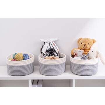 Kriitools Baskets for Shelf Storage Cute Basket to Store and Organize Household Items/Woven Rope Basket for Living Room, Bedroom,Playroom/Durable Small Oval-13x8.66x5.11’’,3 Packs Off White&Gray