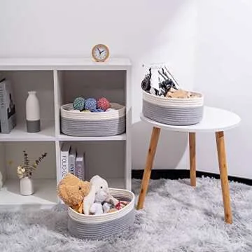 Kriitools Baskets for Shelf Storage Cute Basket to Store and Organize Household Items/Woven Rope Basket for Living Room, Bedroom,Playroom/Durable Small Oval-13x8.66x5.11’’,3 Packs Off White&Gray