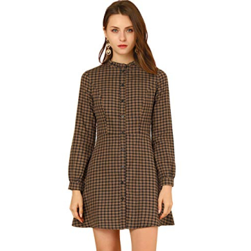 Allegra K Women's Vintage Check Ruffle Neck Dress