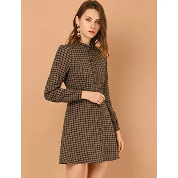 Allegra K Women's Vintage Check Ruffle Neck Dress