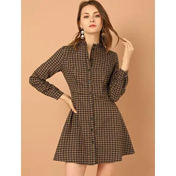 Allegra K Women's Vintage Check Ruffle Neck Dress
