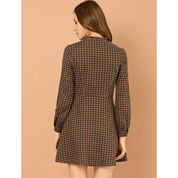 Allegra K Women's Vintage Check Ruffle Neck Dress