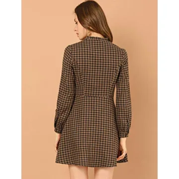 Allegra K Women's Vintage Check Ruffle Neck Dress