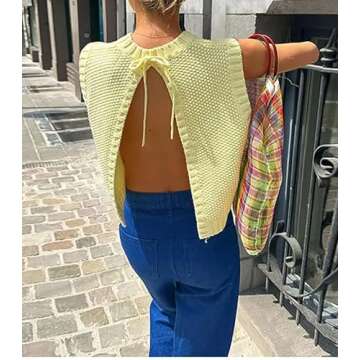 Cioatin Women Y2K Backless Tie Up Knit Crop Sweater Vest Sleeveless Round Neck Split Open Back Pullover Summer Tank Tops Yellow