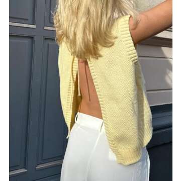 Cioatin Women Y2K Backless Tie Up Knit Crop Sweater Vest Sleeveless Round Neck Split Open Back Pullover Summer Tank Tops Yellow