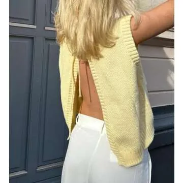 Cioatin Women Y2K Backless Tie Up Knit Crop Sweater Vest Sleeveless Round Neck Split Open Back Pullover Summer Tank Tops Yellow