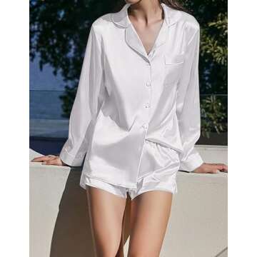 Ekouaer Women's Bridal Feather Trim Silk Satin Pajama Set Long Sleeve Lounge Sets Sleepwear (Removable Feather) White X-Large